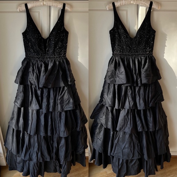 Sherri Hill Black Beaded Ruffle Tiered Prom Dress - Picture 3 of 14
